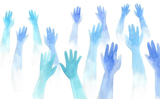 Drawing of blue hands in silhouette raised into the air on a white background