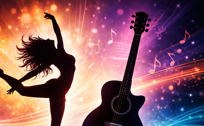 Silhouette of female dancer and guitar against a solar burst of musical notes