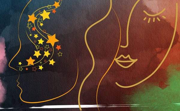 Two line drawn faces on a watercolour background