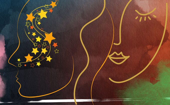 Two line drawn faces on a watercolour background