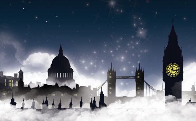 A moonlit London city scene with stars, clouds and a blue sky