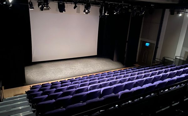 Purple seats in a theatre layout facing a cinema screen